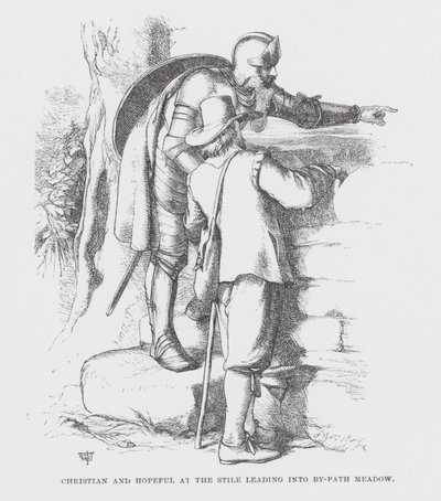 Christian és Hopeful a Mellékút rétjére vezető kapunál (metszet) alkotó: James Dawson Watson