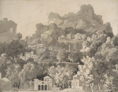 Sziklás táj klasszikus épületekkel, 1745 körül (toll és tinta mosással a papíron) alkotó: James Deacon
