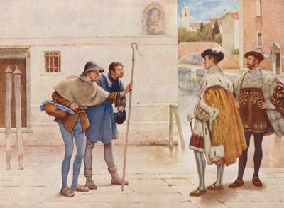 Shakespeare A velencei kalmár című műve: Bassanio, Lorenzo, az öreg Gobbo és Launcelot Gobbo (színes litográfia) alkotó: James Dromgole Linton