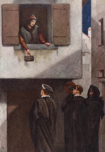 Shakespeare A velencei kalmár című műve: Jessica, Lorenzo, Gratiano és Salarino (színes litográfia) alkotó: James Dromgole Linton