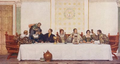 Shakespeare A velencei kalmár című műve: Lorenzo, Jessica, Antonio, Portia, Bassanio, Nerissa és Gratiano (színes litográfia) alkotó: James Dromgole Linton