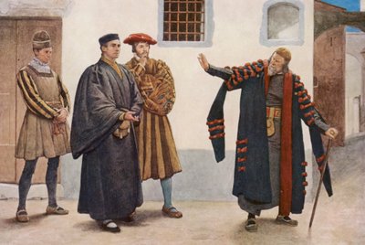 Shakespeare A velencei kalmár című műve: Shylock, Antonio, Salarino és Gaoler (színes litográfia) alkotó: James Dromgole Linton