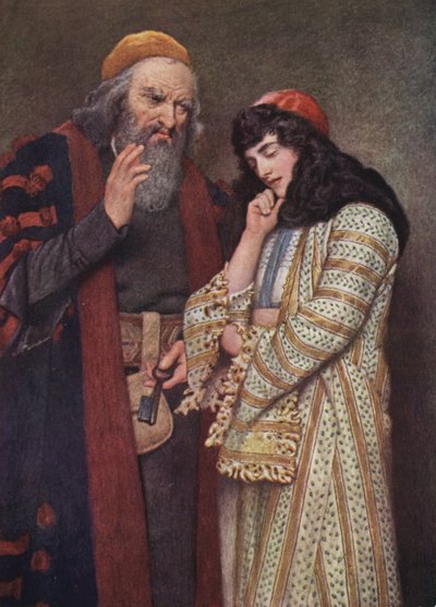 Shakespeare A velencei kalmár című műve: Shylock és Jessica (színes litográfia) alkotó: James Dromgole Linton