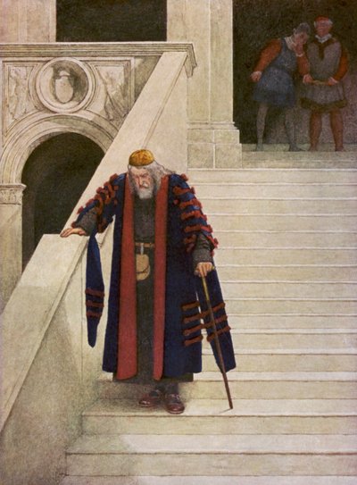 Shakespeare A velencei kalmár című műve: Shylock elhagyja a hercegi palotát (színes litográfia) alkotó: James Dromgole Linton