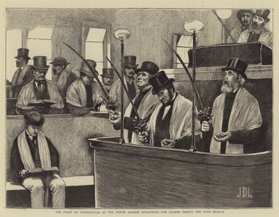 A tabernákulumok ünnepe az észak-londoni zsinagógában, az olvasó pálmaágat szed alkotó: James Dromgole Linton