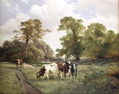 Szarvasmarha legelésző ösvény mellett erdős tájon alkotó: James Duffield Harding