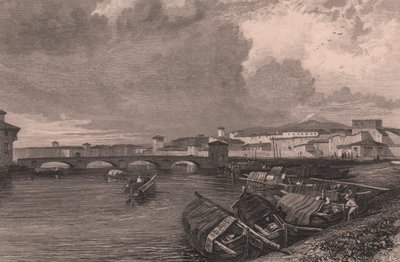 Kilátás az Arno folyóra Pisában, Toszkánában, Olaszországban, Thomas Higham (1796-1844) acélmetszete James Duffield Harding (1798-1863) rajza alapján alkotó: James Duffield Harding