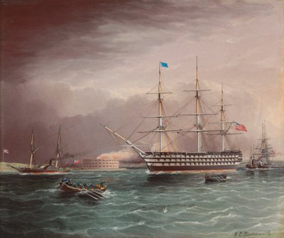 Az U.S.S. Pennsylvania Under Tow az amerikai polgárháború kitörésekor Monroe-erőddel a háttérben alkotó: James E. Buttersworth