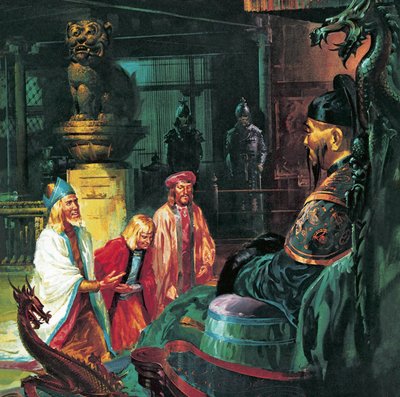 Marco Polo Kublai Kán előtt, 20. század (litográfia) alkotó: James Edwin McConnell