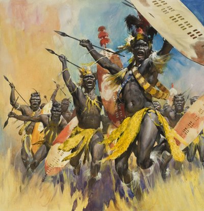 Zulu Warriors (gouache, papír) alkotó: James Edwin McConnell