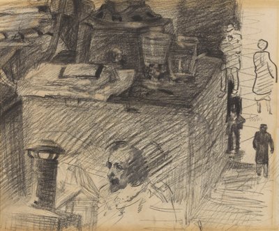 A műterem egyik sarka kályhaalappal, ládával és figurákkal alkotó: James Ensor