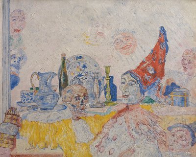 Pierrot és csontváz sárga köntösben alkotó: James Ensor