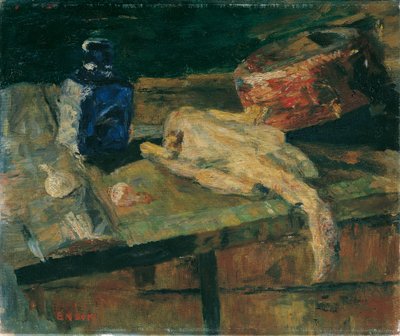 Csendélet kék üveggel és kopasztott csirkével alkotó: James Ensor
