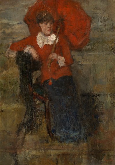 A hölgy vörös napernyővel (olaj, vászon) alkotó: James Ensor