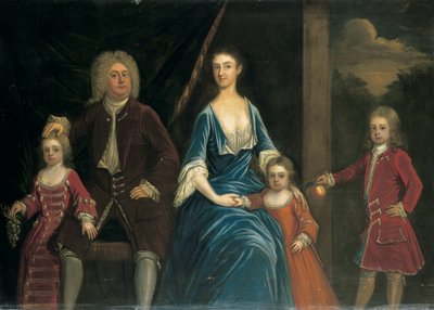 Henry, Wardour 5. Lord Arundell és felesége, Elizabeth csoportportréja gyermekeikkel egy belső térben, egy tájon túl alkotó: James Francis Maubert