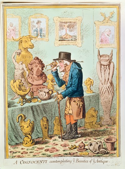 A Cognocenti Contemplating Ye Beauties of Ye Antique, kiadó: Hannah Humphrey, 1801 (kézzel színezett rézkarc) alkotó: James Gillray
