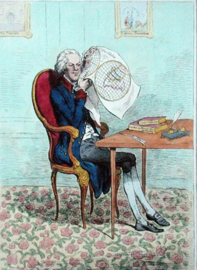 Egy éles látó politikus, aki kideríti a brit hódításokat, Hannah Humphrey adta ki 1795-ben (kézzel színezett rézkarc) alkotó: James Gillray