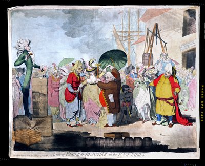 A Sale of English Beauties in the East Indies, kiadta W. Holland 1786-ban (kézi színezésű metszet akvatintával). alkotó: James Gillray
