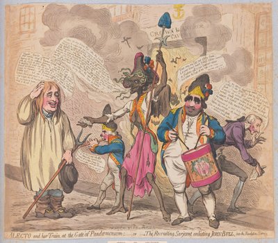 Alecto and his Train at the Gate of Pandaemonium vagy The Recruiting Sarjeant, John Bull bevonása a Revolution Service-be, kocsmába. (kézzel színezett gravírozás) alkotó: James Gillray