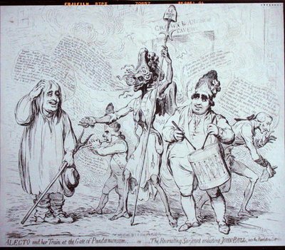 Alecto and her Train at the Gate of Pandemonium, or The Recruiting Serjeant toborzása John Bullnak a forradalmi szolgálatba, kiadta S.W. Fores 1791-ben (metszet). alkotó: James Gillray