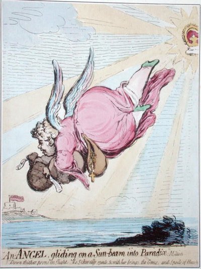 Angyal siklik a napsugáron a Paradicsomba (kézi színezett metszet) alkotó: James Gillray