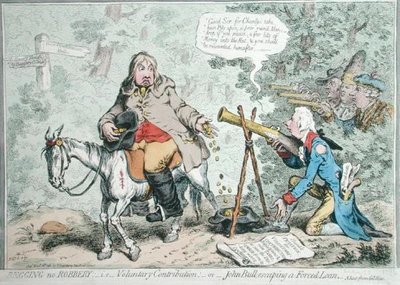 Begging no Robbery: azaz Önkéntes hozzájárulás, avagy John Bull, aki kényszerkölcsönből menekül, Hannah Humphrey adta ki 1796-ban (kézzel színezett rézkarc) alkotó: James Gillray
