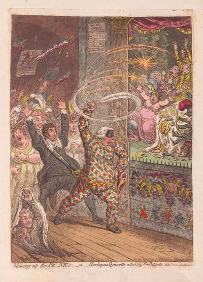 A Pic Nics felrobbantása vagy a Harlequin Quijote a Puppets megtámadása, kocsma. 1804 (kézzel színezett metszet) alkotó: James Gillray