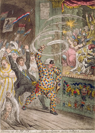 A Pic Nic felrobbantása, avagy Harlequin Quijote támadja a bábukat, Hannah Humphrey adta ki 1802-ben (kézzel színezett rézkarc akvatintával) alkotó: James Gillray