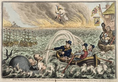 Brit Tars, amely a dán flottát vonszolja a kikötőbe, vagy a The Broadbottom Leviathan, aki megpróbálja elárasztani Billy régi csónakját, és a kis korzikai, amely az Ambíció felhőin kóvályog, 1807 (kézzel színezett rézkarc alkotó: James Gillray