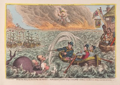 Brit Tars vonszolja a dán flottát a kikötőbe: a széles fenekű Leviathan, aki megpróbálja elárasztani Billys régi csónakját, és a kis korzikai, amely az Ambition Felhőin toporog, kocsma. 1807 (kézzel színezett engra alkotó: James Gillray