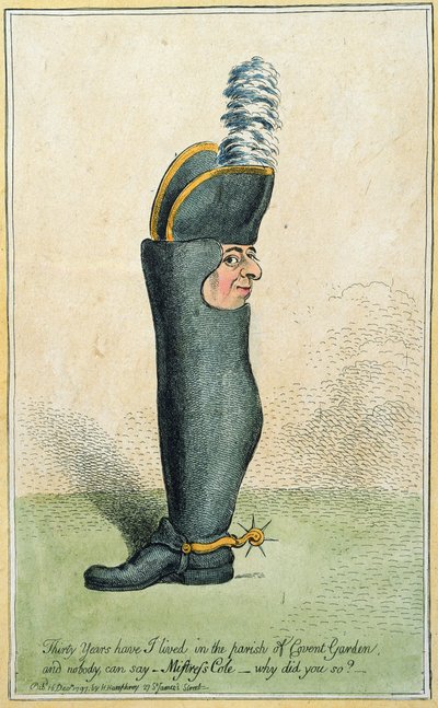 Rajzfilm, amely Justly Watson ezredest csizmával ábrázolja, Hannah Humphrey adta ki 1797-ben (kézzel színezett rézkarc) alkotó: James Gillray
