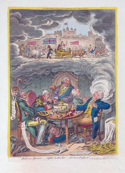 Finom álmok: Várak a levegőben! - Dicsőséges kilátások!, kocsma. 1808 (kézzel színezett metszet) alkotó: James Gillray
