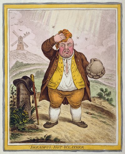 Dreadful-Hot Weather, Hannah Humphrey 1808-ban (kézzel színezett rézkarc) alkotó: James Gillray