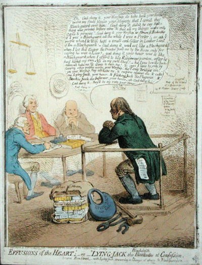 Effusions of the Heart, or Lying Jack the Blacksmith at Confession, kiadta Hannah Humphrey 1795-ben a Philanthropic Society számára (kézzel színezett metszet). alkotó: James Gillray