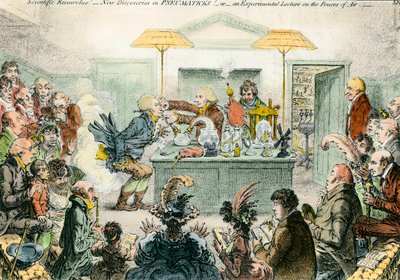 Angol szatíra a tudományról: új felfedezések a pneumatikus anyagokban. Szatirikus rajz a 19. századi tudományos konferenciák iránti lelkesedésről. James Gillray metszete (1757-1815) alkotó: James Gillray