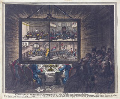 A Demokratikus Transzparencia kiállítása a hazafias érzelmekre gyakorolt hatásával, kocsma. 1799 (kézzel színezett metszet) alkotó: James Gillray