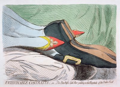 Hannah Humphrey 1792-ben kiadott Fashionable Contrasts, avagy A hercegnő kis cipője, amely engedi a herceg lábának nagyságát (rézkarc wc-vel) alkotó: James Gillray
