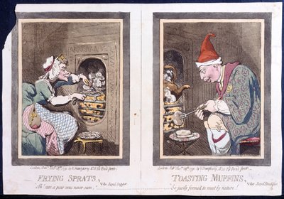 Frying Sprats, avagy Royal Supper, and Toasting Muffins, or Royal Breakfast, Hannah Humphrey 1791-ben (kézzel színezett rézkarc) alkotó: James Gillray