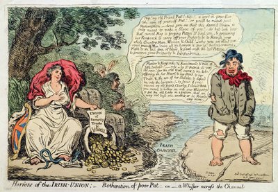 Az Ír Unió borzalmai: Szegény Pat zavarása, avagy Suttogás a csatornán túl, Hannah Humphrey adta ki 1798-ban (kézzel színezett rézkarc) alkotó: James Gillray
