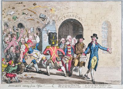 Az Integrity Retiring from Office, Hannah Humphrey adta ki 1801-ben (kézzel színezett rézkarc akvatintával) alkotó: James Gillray