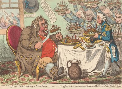 John Bull ebédel - avagy - Brit szakácsok jó ételekkel tömik az öreg Morgó-Gyomrot (a Caricature 1. kötetéből) alkotó: James Gillray