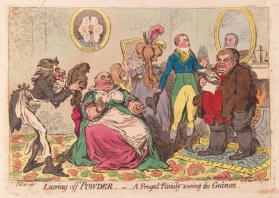 Leaving off Powder, or a Frugal Family Saving the Guinea, pub.1795 (kézzel színezett gravírozás) alkotó: James Gillray