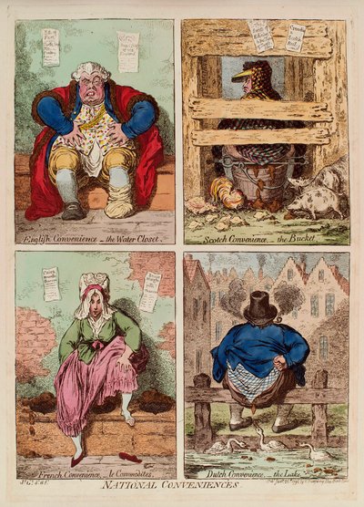 Nemzeti szolgáltatások. (Anglia, Skócia, Franciaország és Hollandia vécéinek leírása és összehasonlítása). James Gillray (1757-1815) munkája, metszet és akvarell alkotó: James Gillray