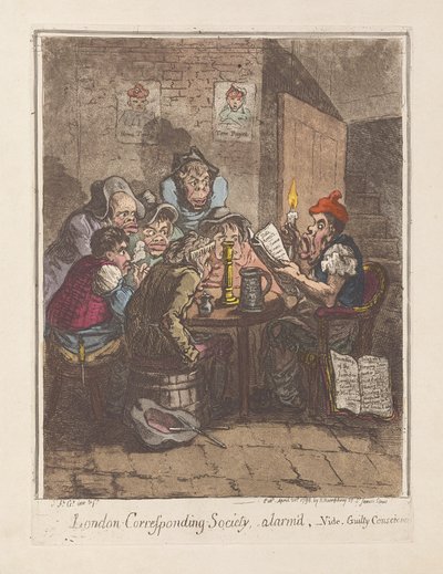 Londoni Levelező Társaság, riadtan, vide. Bűnös lelkiismeret, kocsma. 1796 (kézzel színezett metszet) alkotó: James Gillray