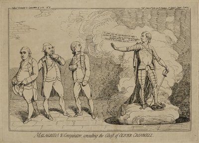 Malagrida és Conspirators, Consulting the Ghost of Oliver Cromwell, megjelent 1782. június 10-én (rézkarc fektetett papírra, szőtt papírra kirakva) alkotó: James Gillray