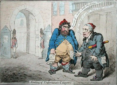 Szerencsétlen citoyenek találkozója, Hannah Humphrey 1798-ban (kézzel színezett rézkarc) alkotó: James Gillray