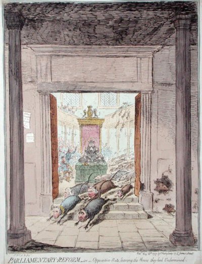 Hannah Humphrey 1797-ben, a parlamenti reform, avagy az ellenzéki patkányok elhagyják a házat, amelyet aláástak (kézzel színezett rézkarc) alkotó: James Gillray