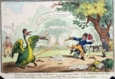 Hazafiak becsületpontról döntenek! vagy A Rencontre pontos ábrázolása, amely 1807. május 2-án Coombe Woodban történt Little Paul, the Taylor és Sir Francis Goose között, Hannah kiadó. alkotó: James Gillray