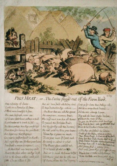 Disznóhús, avagy A tanyaudvarból kikorbácsolt sertés, Hannah Humphrey 1798-ban (kézzel színezett rézkarc) alkotó: James Gillray