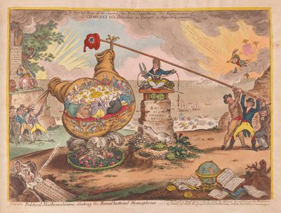 Politikai matematikusok megrázzák a táblát fenekű féltekék, pub. 1807 (kézzel színezett metszet) alkotó: James Gillray